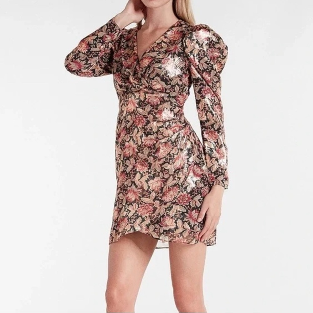 Express Pink and Gold Floral V-Neck Long Sleeve Mini Dress